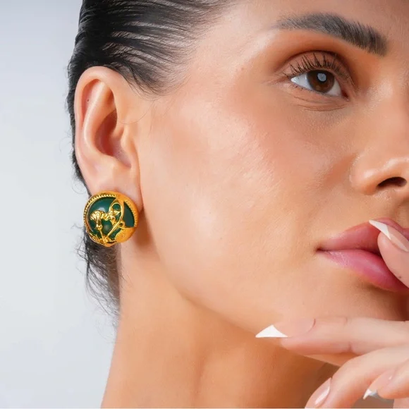 Emerald Green Round Earrings with Gold Floral Design - Picture 5 of 5